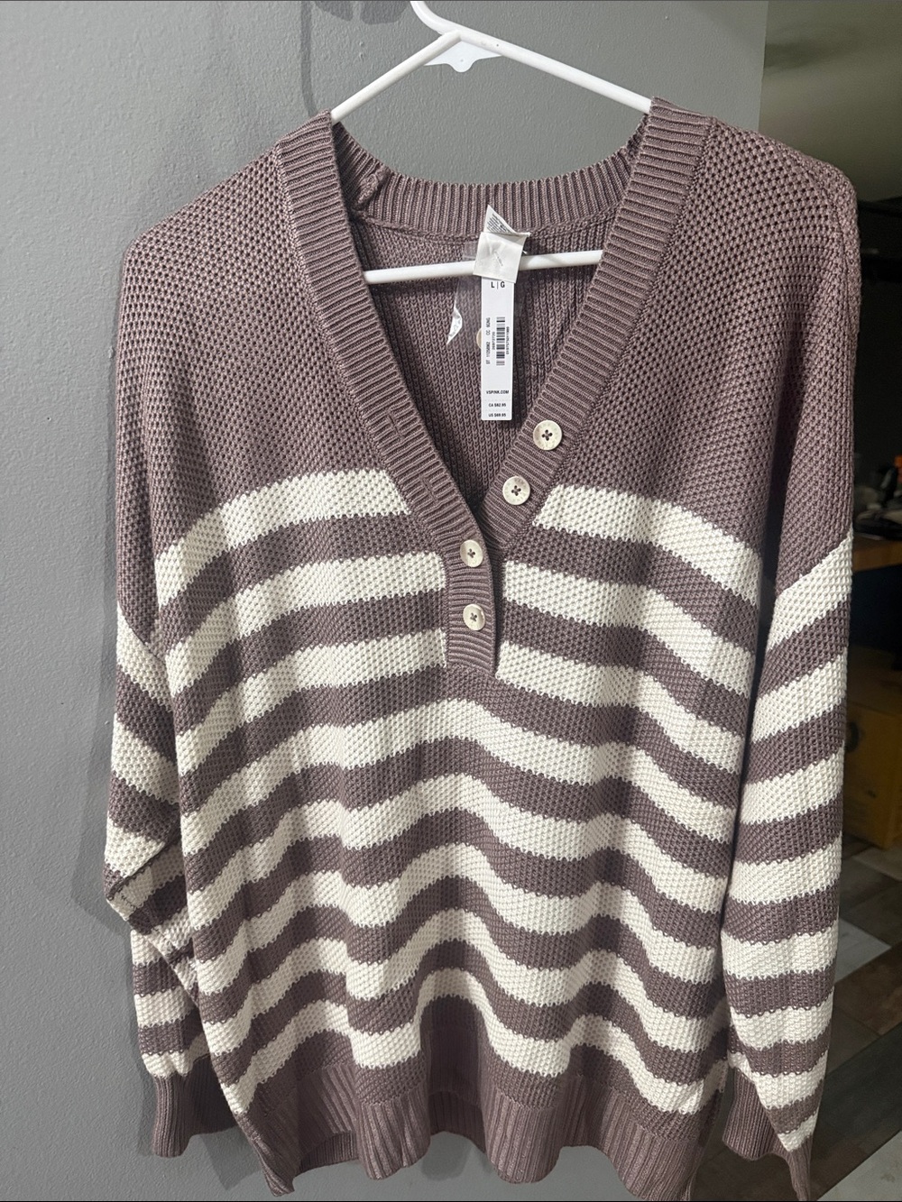 Victoria's Secret Taupe & Cream Striped V-Neck Button Sweater